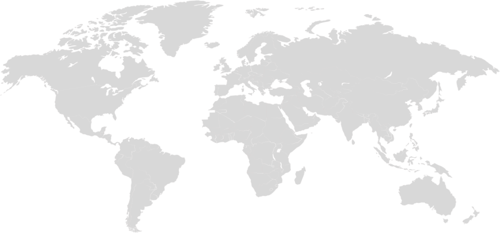 A flat, simplified political world map with all countries outlined and filled in a light gray color against a dark green background.